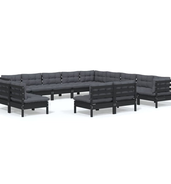 13-tlg. Garten-Lounge-Set mit Kissen Schwarz Massivholz Kiefer