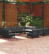 13-tlg. Garten-Lounge-Set mit Kissen Schwarz Massivholz Kiefer