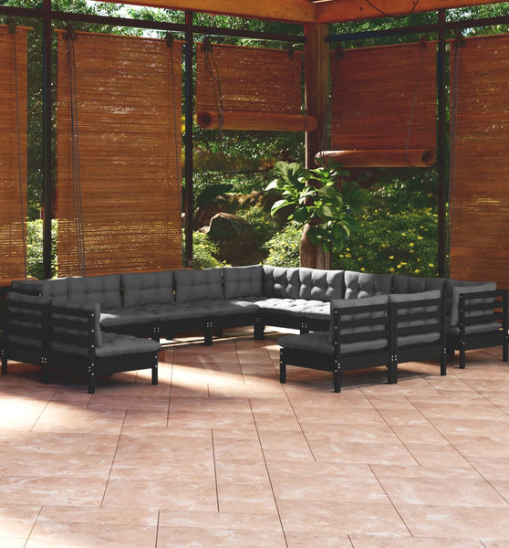 13-tlg. Garten-Lounge-Set mit Kissen Schwarz Massivholz Kiefer