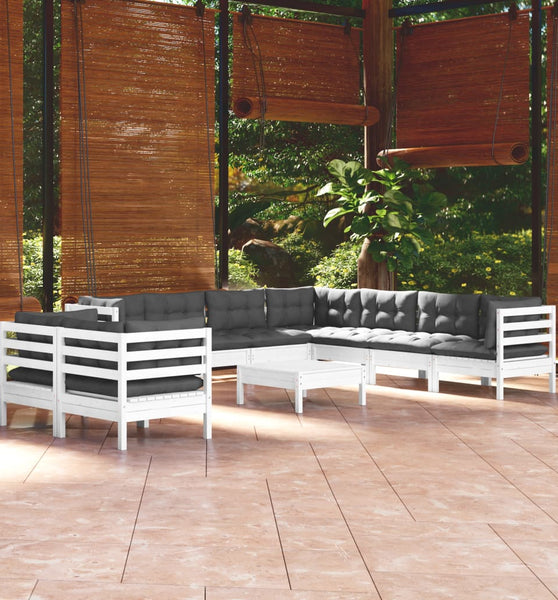 10-tlg. Garten-Lounge-Set mit Kissen Weiß Massivholz Kiefer