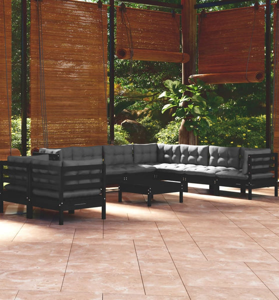 10-tlg. Garten-Lounge-Set mit Kissen Schwarz Massivholz Kiefer