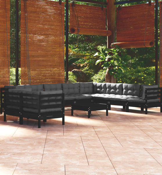 11-tlg. Garten-Lounge-Set mit Kissen Schwarz Massivholz Kiefer