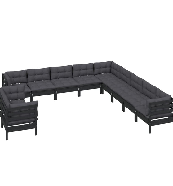 11-tlg. Garten-Lounge-Set mit Kissen Schwarz Massivholz Kiefer