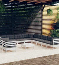 12-tlg. Garten-Lounge-Set mit Kissen Weiß Massivholz Kiefer