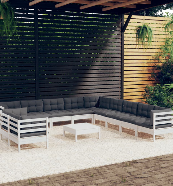 12-tlg. Garten-Lounge-Set mit Kissen Weiß Massivholz Kiefer