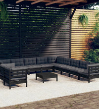 12-tlg. Garten-Lounge-Set mit Kissen Schwarz Massivholz Kiefer