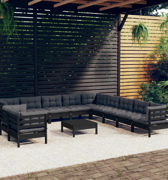 12-tlg. Garten-Lounge-Set mit Kissen Schwarz Massivholz Kiefer