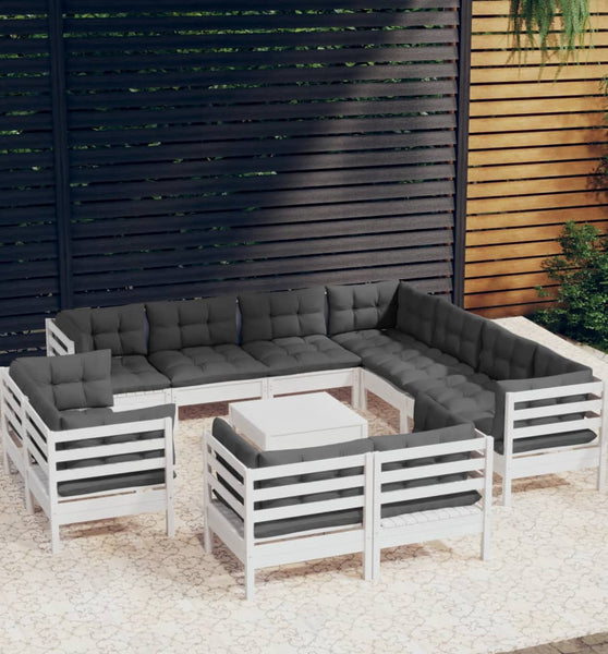 12-tlg. Garten-Lounge-Set mit Kissen Weiß Massivholz Kiefer