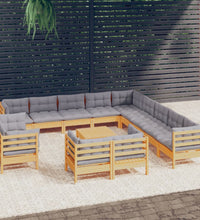 14-tlg. Garten-Lounge-Set mit Grauen Kissen Massivholz Kiefer