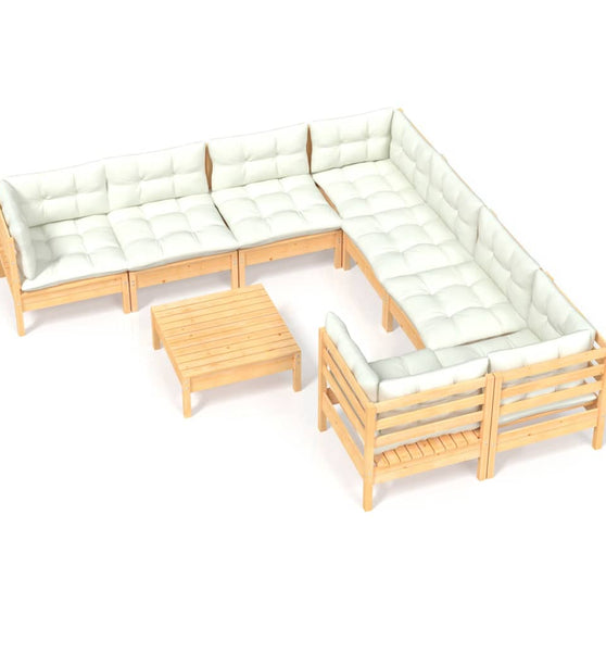 9-tlg. Garten-Lounge-Set mit Creme Kissen Kiefernholz