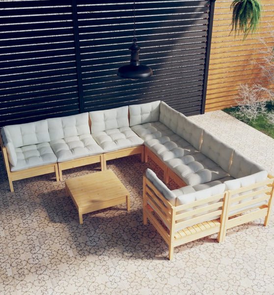 9-tlg. Garten-Lounge-Set mit Creme Kissen Kiefernholz