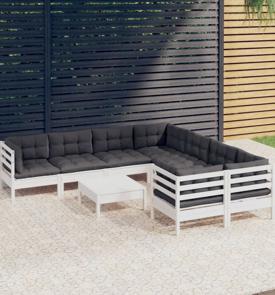 9-tlg. Garten-Lounge-Set mit Kissen Weiß Kiefernholz