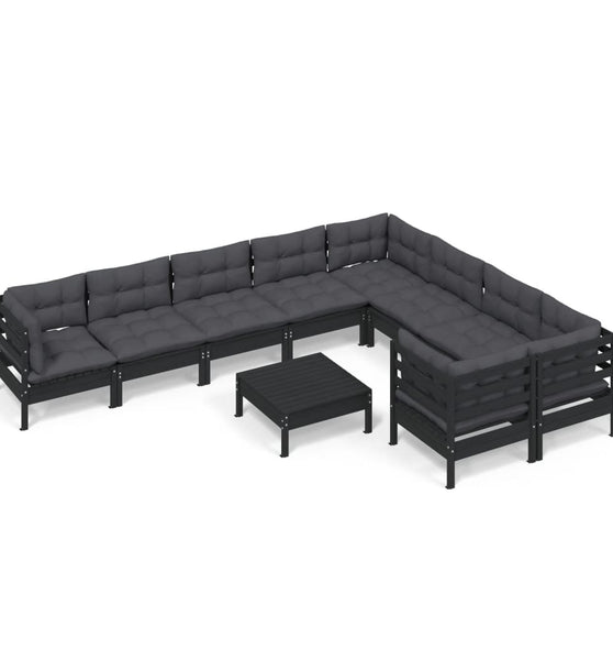 10-tlg. Garten-Lounge-Set mit Kissen Schwarz Kiefernholz