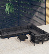 10-tlg. Garten-Lounge-Set mit Kissen Schwarz Kiefernholz