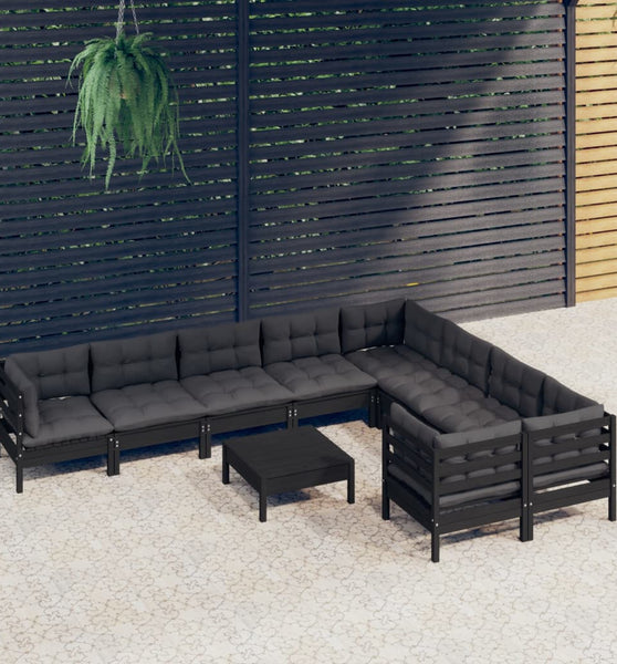 10-tlg. Garten-Lounge-Set mit Kissen Schwarz Kiefernholz