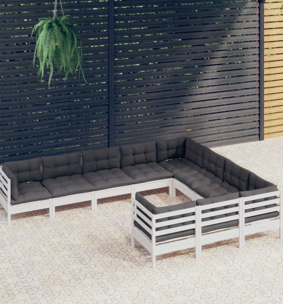 10-tlg. Garten-Lounge-Set mit Kissen Weiß Kiefernholz