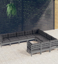 10-tlg. Garten-Lounge-Set mit Kissen Grau Kiefernholz