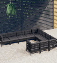 10-tlg. Garten-Lounge-Set mit Kissen Schwarz Kiefernholz