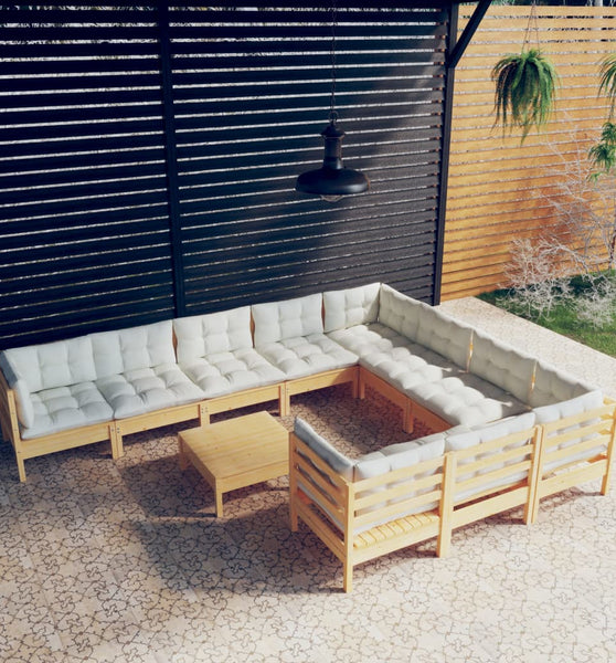 11-tlg. Garten-Lounge-Set mit Creme Kissen Kiefernholz