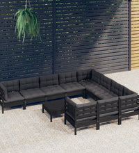 11-tlg. Garten-Lounge-Set mit Kissen Schwarz Kiefernholz