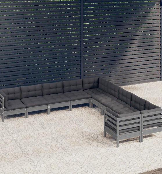 10-tlg. Garten-Lounge-Set mit Kissen Grau Kiefernholz