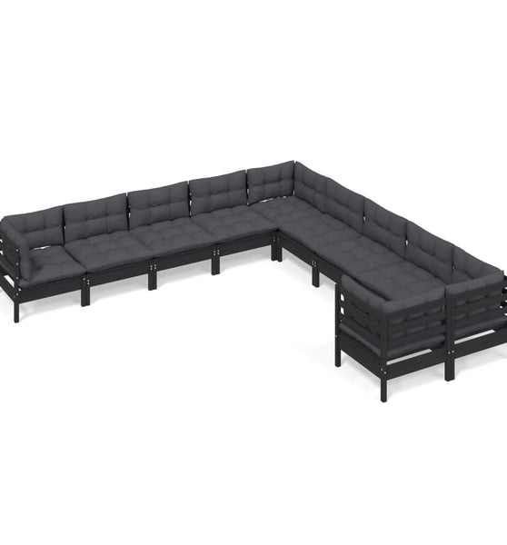 10-tlg. Garten-Lounge-Set mit Kissen Schwarz Kiefernholz