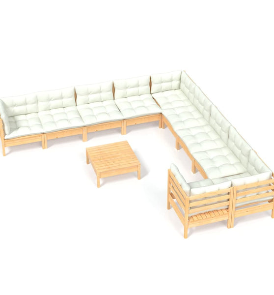 11-tlg. Garten-Lounge-Set mit Creme Kissen Kiefernholz