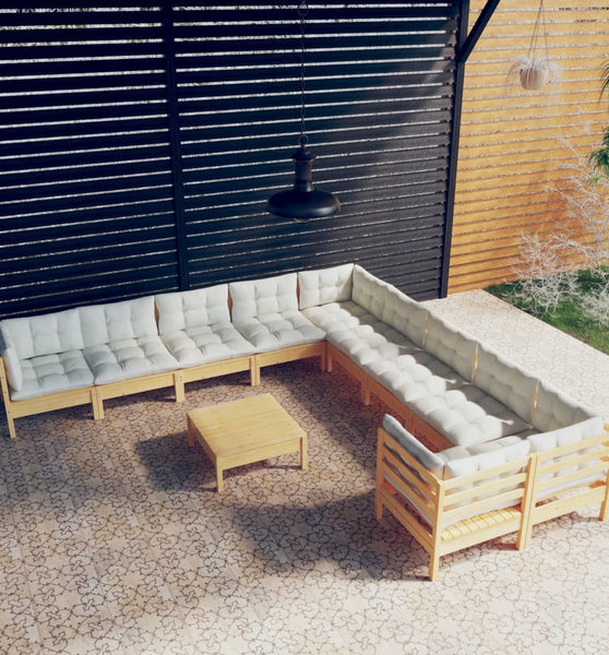 11-tlg. Garten-Lounge-Set mit Creme Kissen Kiefernholz