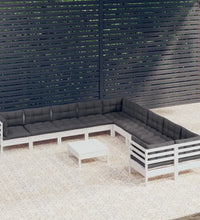 11-tlg. Garten-Lounge-Set mit Kissen Weiß Kiefernholz