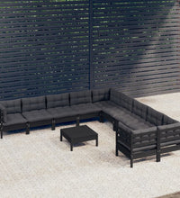 11-tlg. Garten-Lounge-Set mit Kissen Schwarz Kiefernholz