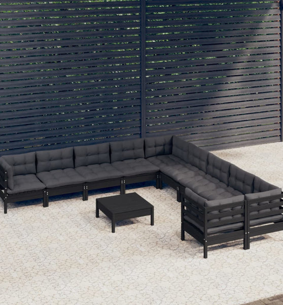 11-tlg. Garten-Lounge-Set mit Kissen Schwarz Kiefernholz