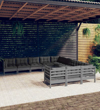 11-tlg. Garten-Lounge-Set mit Kissen Grau Kiefernholz