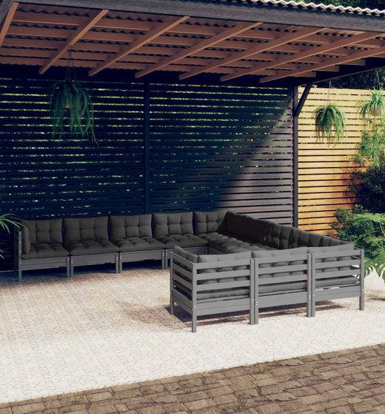 11-tlg. Garten-Lounge-Set mit Kissen Grau Kiefernholz