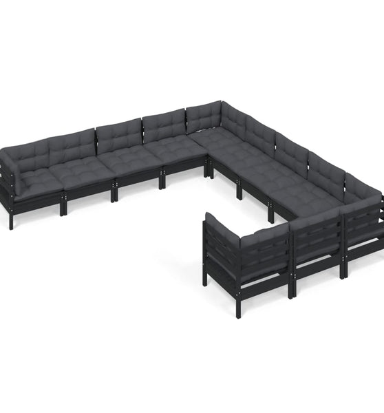 11-tlg. Garten-Lounge-Set mit Kissen Schwarz Kiefernholz