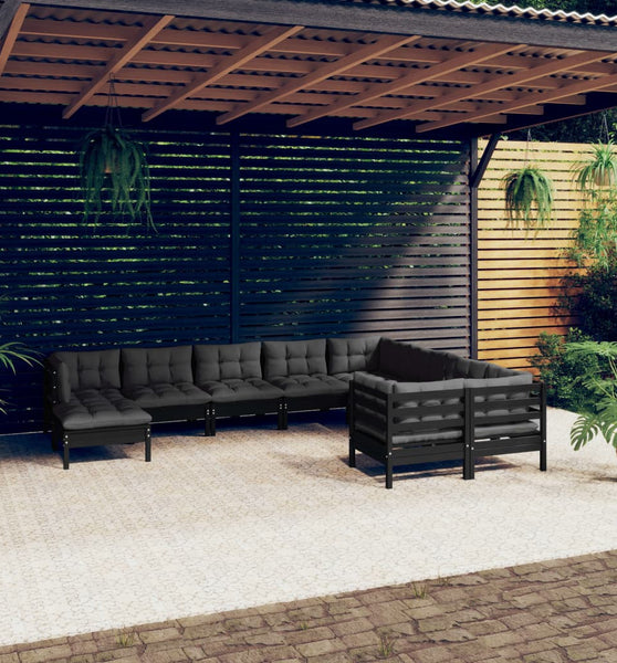 10-tlg. Garten-Lounge-Set mit Kissen Schwarz Kiefernholz