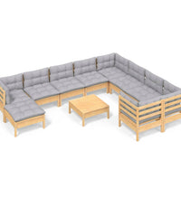 11-tlg. Garten-Lounge-Set mit Grauen Kissen Kiefernholz