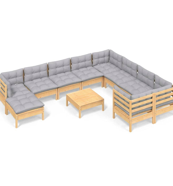 11-tlg. Garten-Lounge-Set mit Grauen Kissen Kiefernholz