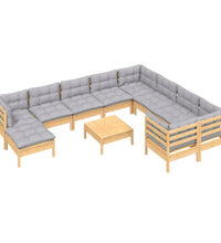 11-tlg. Garten-Lounge-Set mit Grauen Kissen Kiefernholz