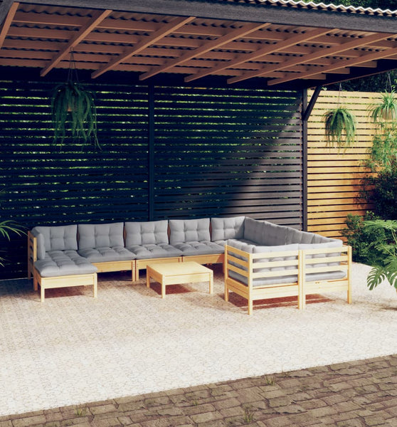 11-tlg. Garten-Lounge-Set mit Grauen Kissen Kiefernholz