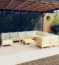 11-tlg. Garten-Lounge-Set mit Creme Kissen Kiefernholz