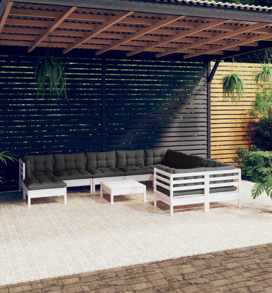 11-tlg. Garten-Lounge-Set mit Kissen Weiß Kiefernholz