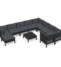 11-tlg. Garten-Lounge-Set mit Kissen Schwarz Kiefernholz