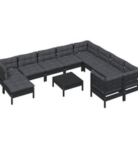 11-tlg. Garten-Lounge-Set mit Kissen Schwarz Kiefernholz