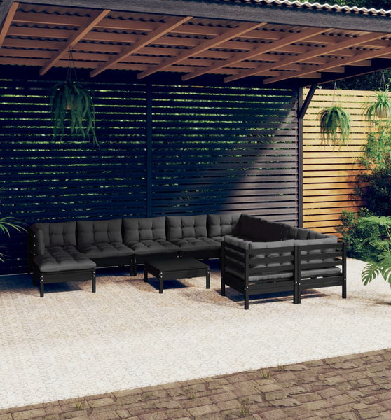 11-tlg. Garten-Lounge-Set mit Kissen Schwarz Kiefernholz