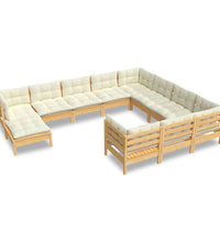 11-tlg. Garten-Lounge-Set mit Creme Kissen Kiefernholz