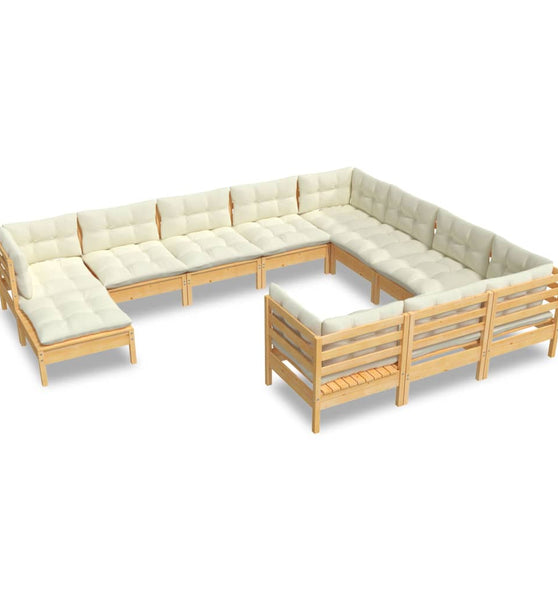 11-tlg. Garten-Lounge-Set mit Creme Kissen Kiefernholz