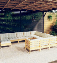 11-tlg. Garten-Lounge-Set mit Creme Kissen Kiefernholz