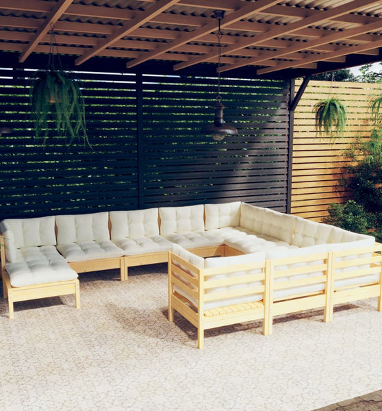 11-tlg. Garten-Lounge-Set mit Creme Kissen Kiefernholz