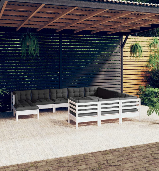 11-tlg. Garten-Lounge-Set mit Kissen Weiß Kiefernholz