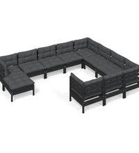 11-tlg. Garten-Lounge-Set mit Kissen Schwarz Kiefernholz